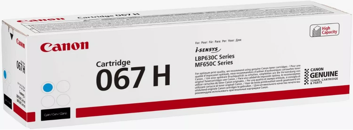 Canon Toner Cartridge 067 H, Cyan. Box details i-SENSYS LBP630C/MF650C Series.