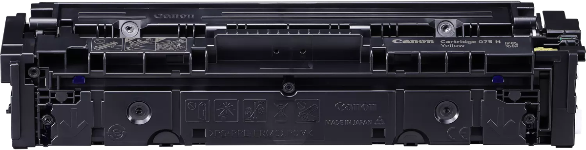 Schwarzes Canon 075 H Gelb Toner-Modul mit technischen Symbolen und Beschriftung.