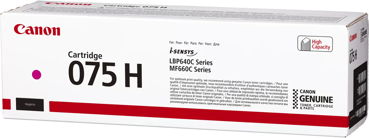 Canon 075 H Magenta Tonerpatronen-Verpackung mit "High Capacity"-Aufdruck.