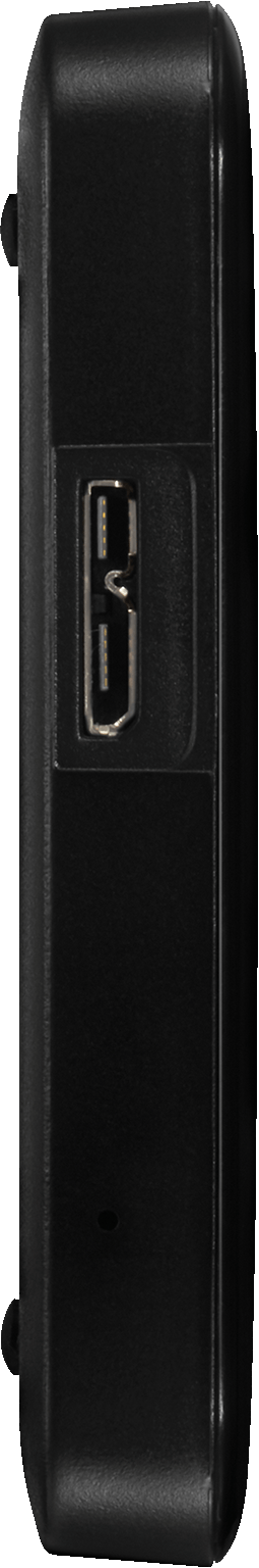 Schwarzes Gehäuse mit einem HDMI-Anschluss und einem kleinen Loch.