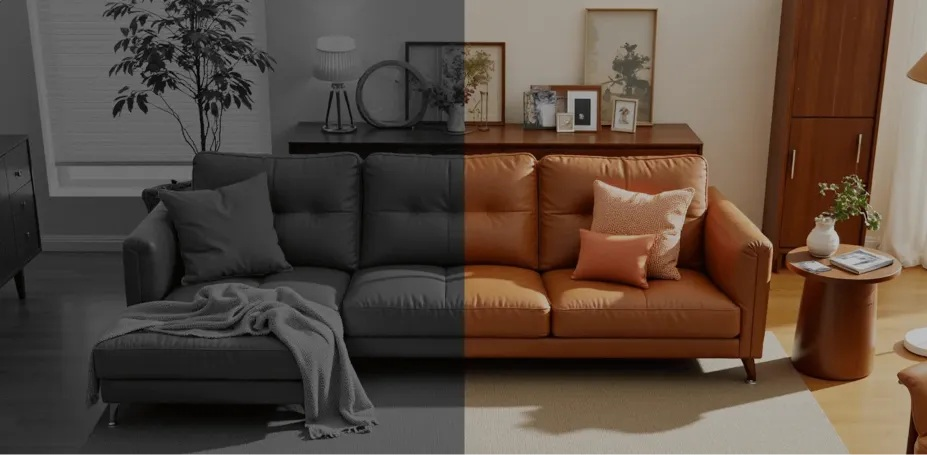 Podzielony obraz pokazuje ciemnoszary narożnik z kocem po lewej i brązową skórzaną sofę z poduszkami po prawej.