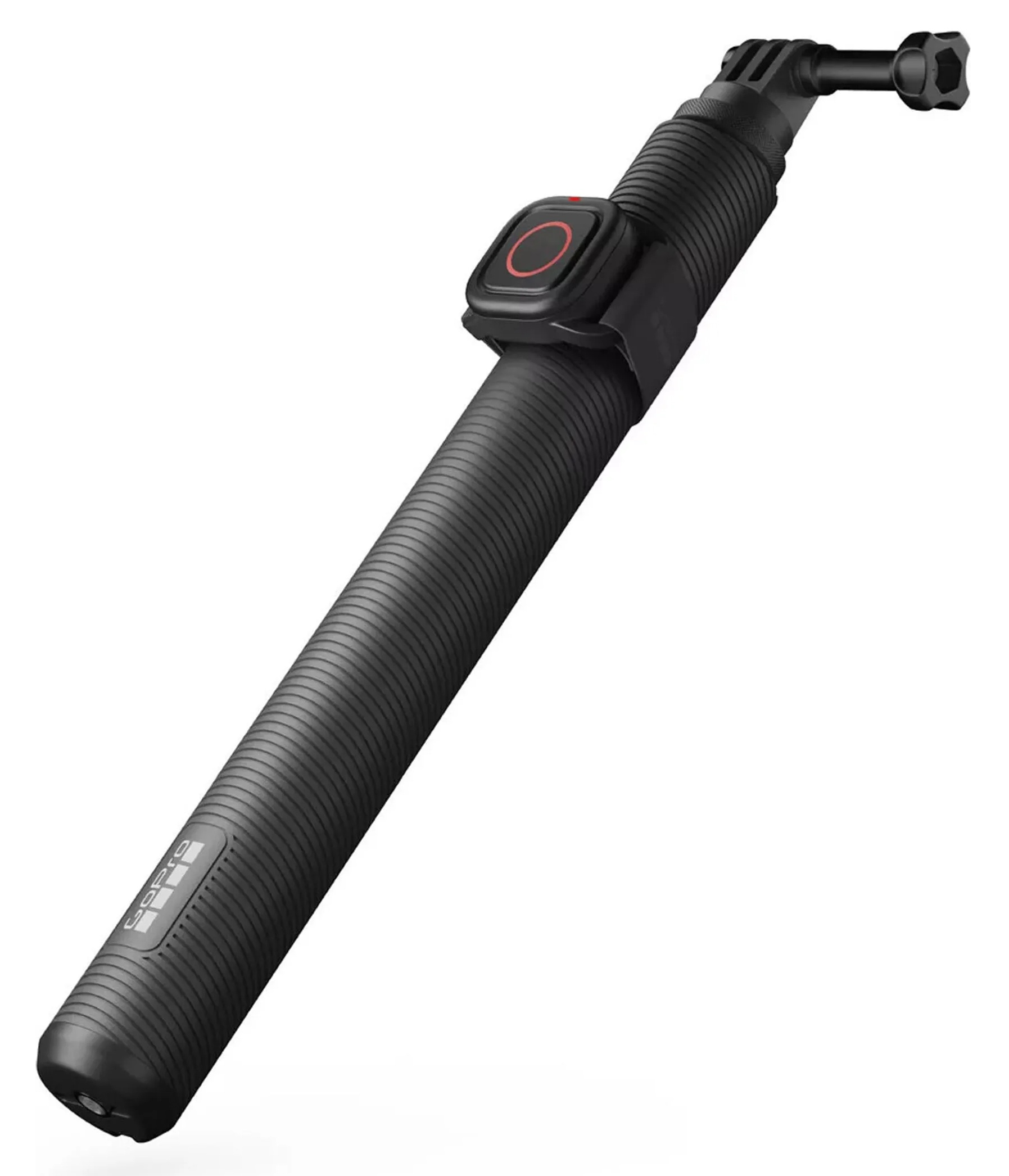 Czarny uchwyt GoPro z prążkowaną teksturą i czerwonym przyciskiem.