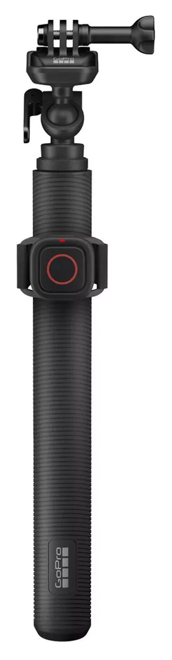 Czarny kijek do selfie GoPro z mocowaniem i czerwonym przyciskiem.