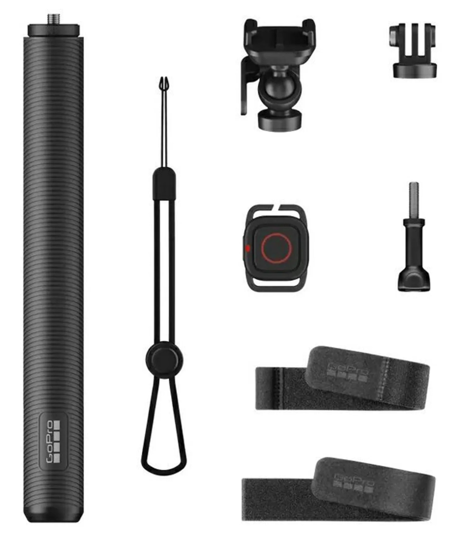 Akcesoria GoPro: uchwyt, pasek, mocowania, pilot i śruby.