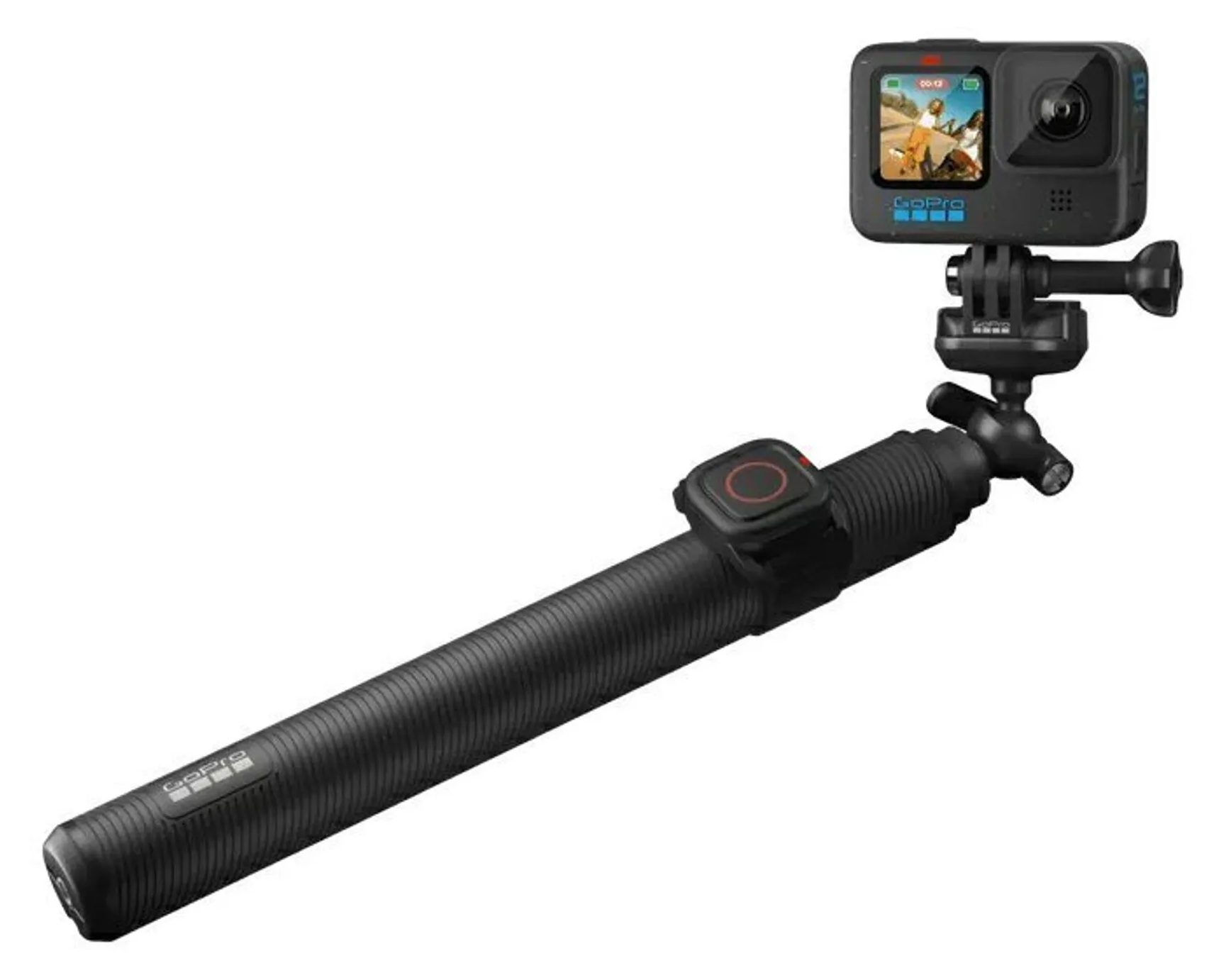 Czarna kamera GoPro zamontowana na czarnym uchwycie z pilotem.