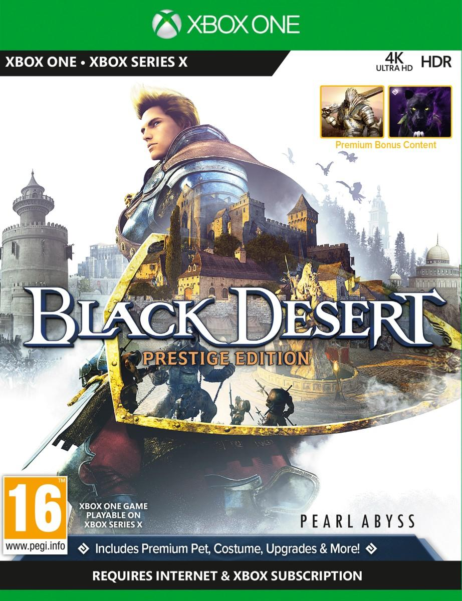 Okładka Black Desert Prestige Edition na Xbox One i Series X, z wojownikiem i zamkiem.