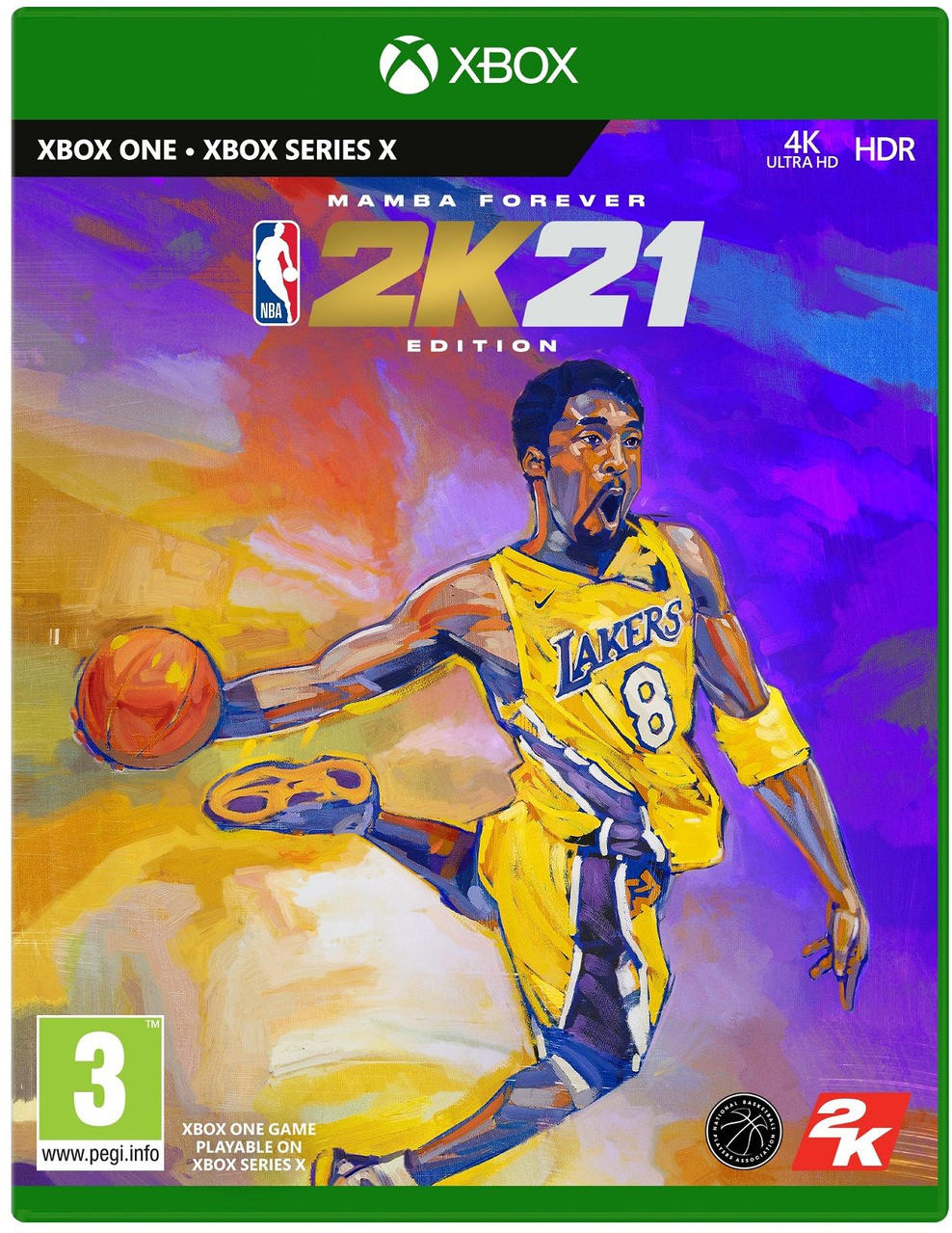 Okładka gry NBA 2K21 z Kobe Bryantem w żółtej koszulce Lakers.