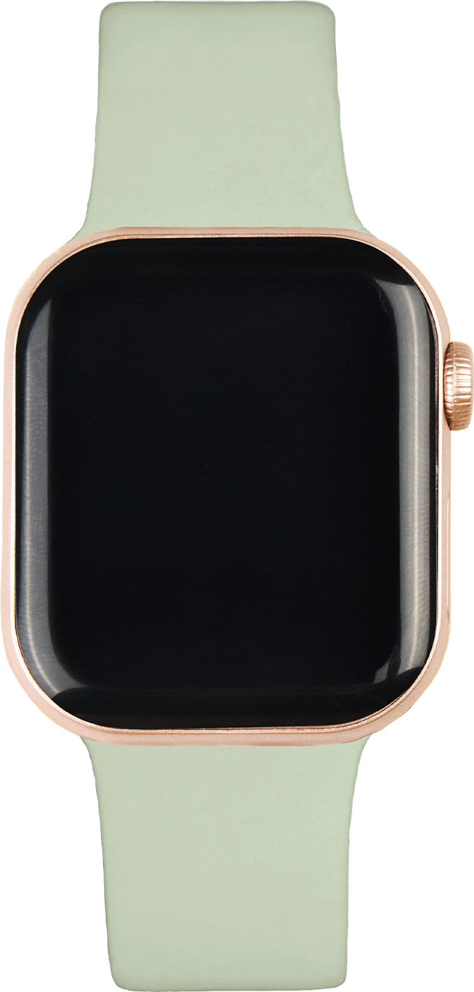 Eine hellgrüne Smartwatch mit schwarzem Bildschirm und roségoldenem Gehäuse.