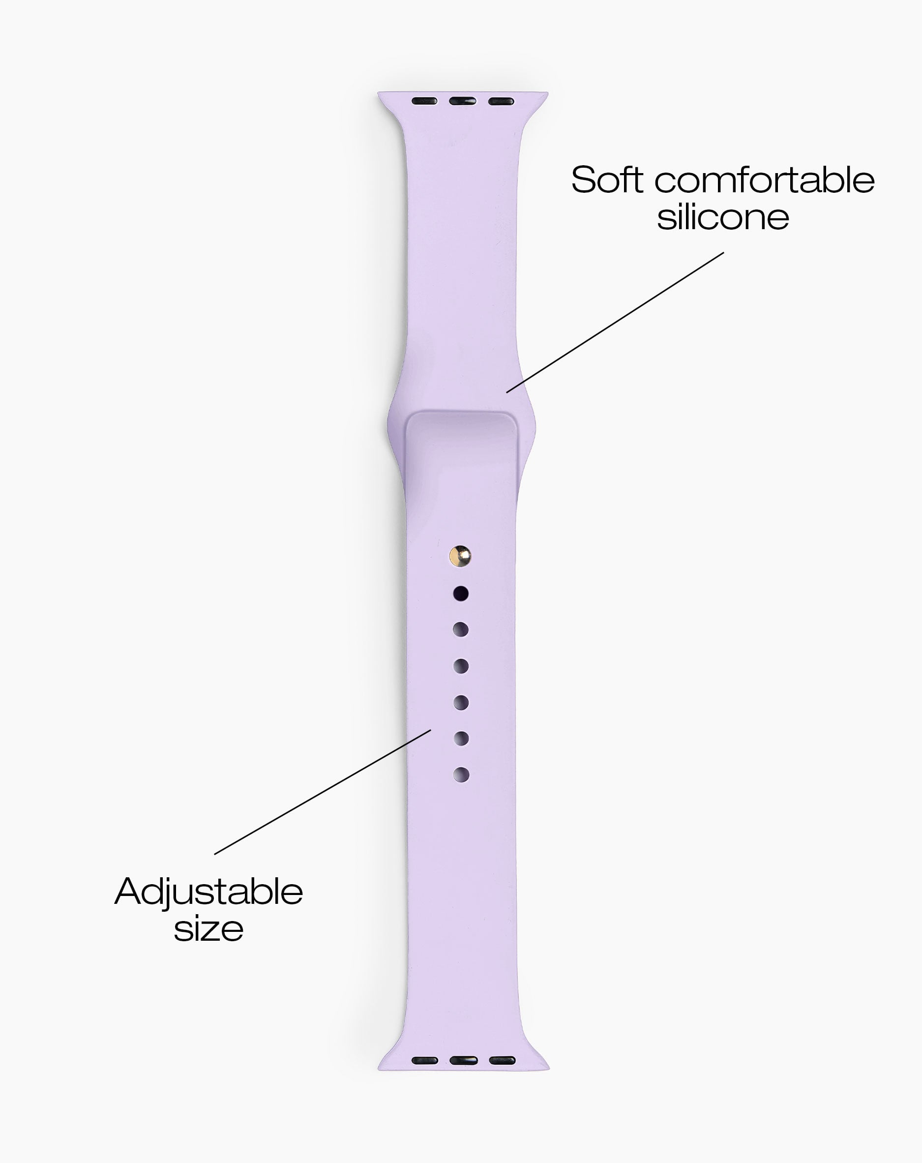 Ein lila Apple Watch Armband aus Silikon mit verstellbarer Größe.