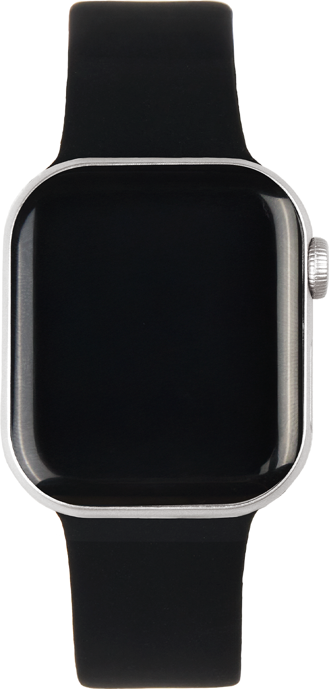 Eine schwarze Smartwatch mit silbernem Knopf auf schwarzem Hintergrund.