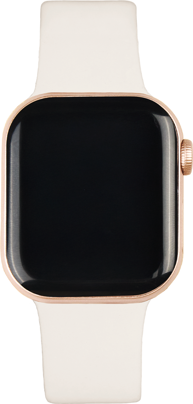 Eine goldene Smartwatch mit einem weißen Armband und schwarzem Bildschirm.