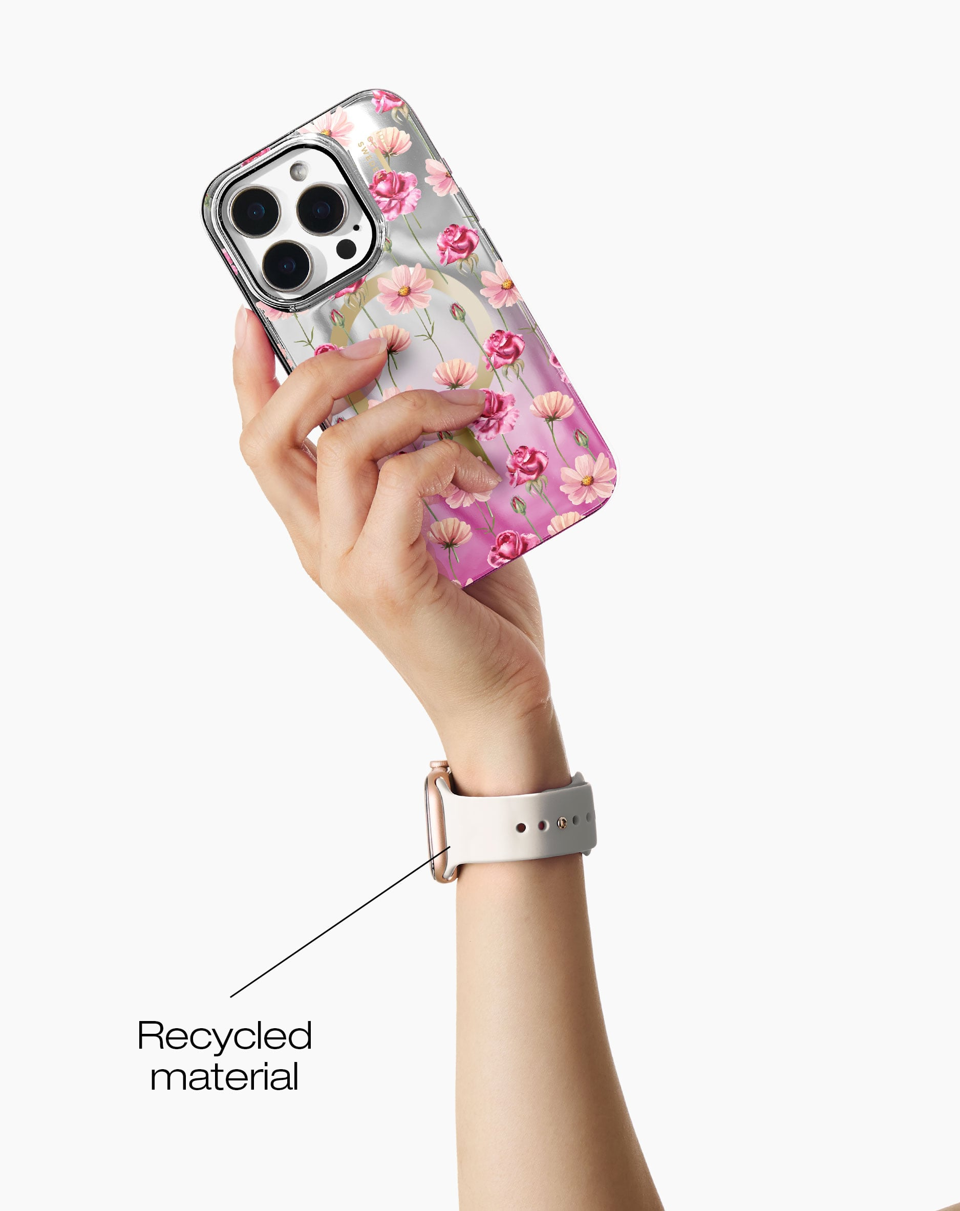 Eine Hand hält ein Handy mit Blumenmuster. Eine Uhr ist am Handgelenk.