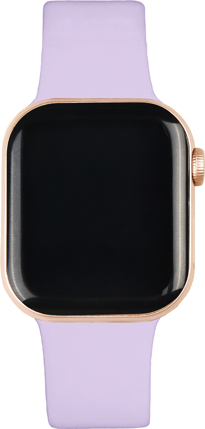 Eine lila Smartwatch mit goldenem Gehäuse und schwarzem Bildschirm.