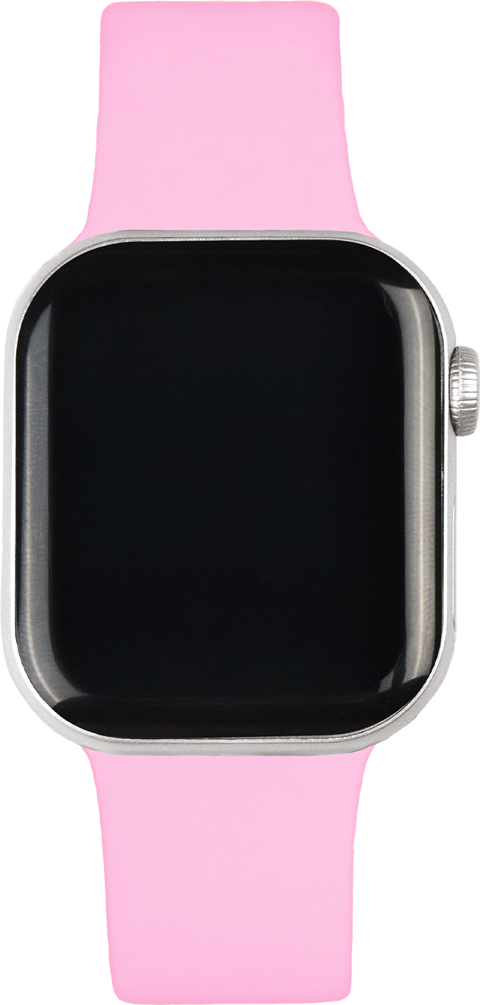 Eine Nahaufnahme einer Smartwatch mit einem schwarzen Bildschirm und einem rosa Armband.