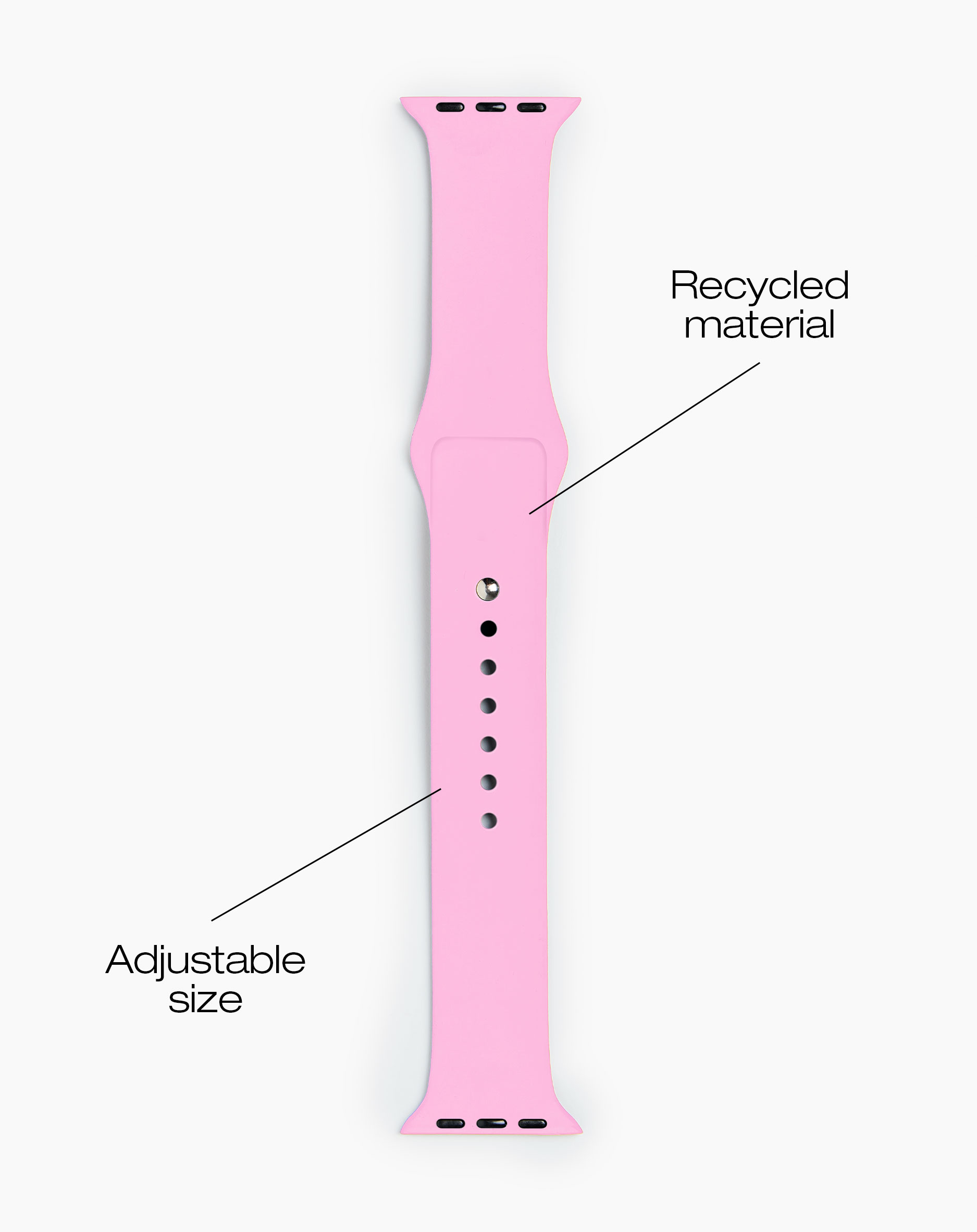 Ein rosa Uhrenarmband aus recyceltem Material mit verstellbarer Größe.