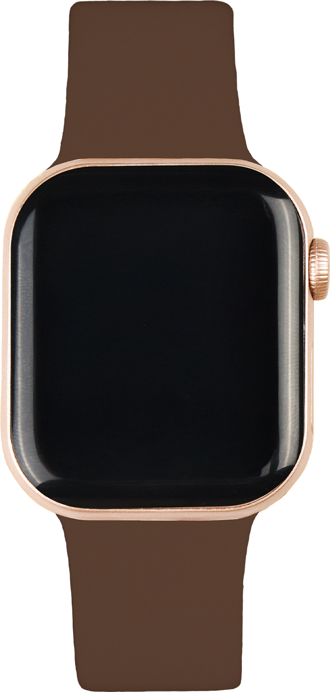 Eine Nahaufnahme einer roségoldenen Smartwatch mit braunem Armband und schwarzem Bildschirm.