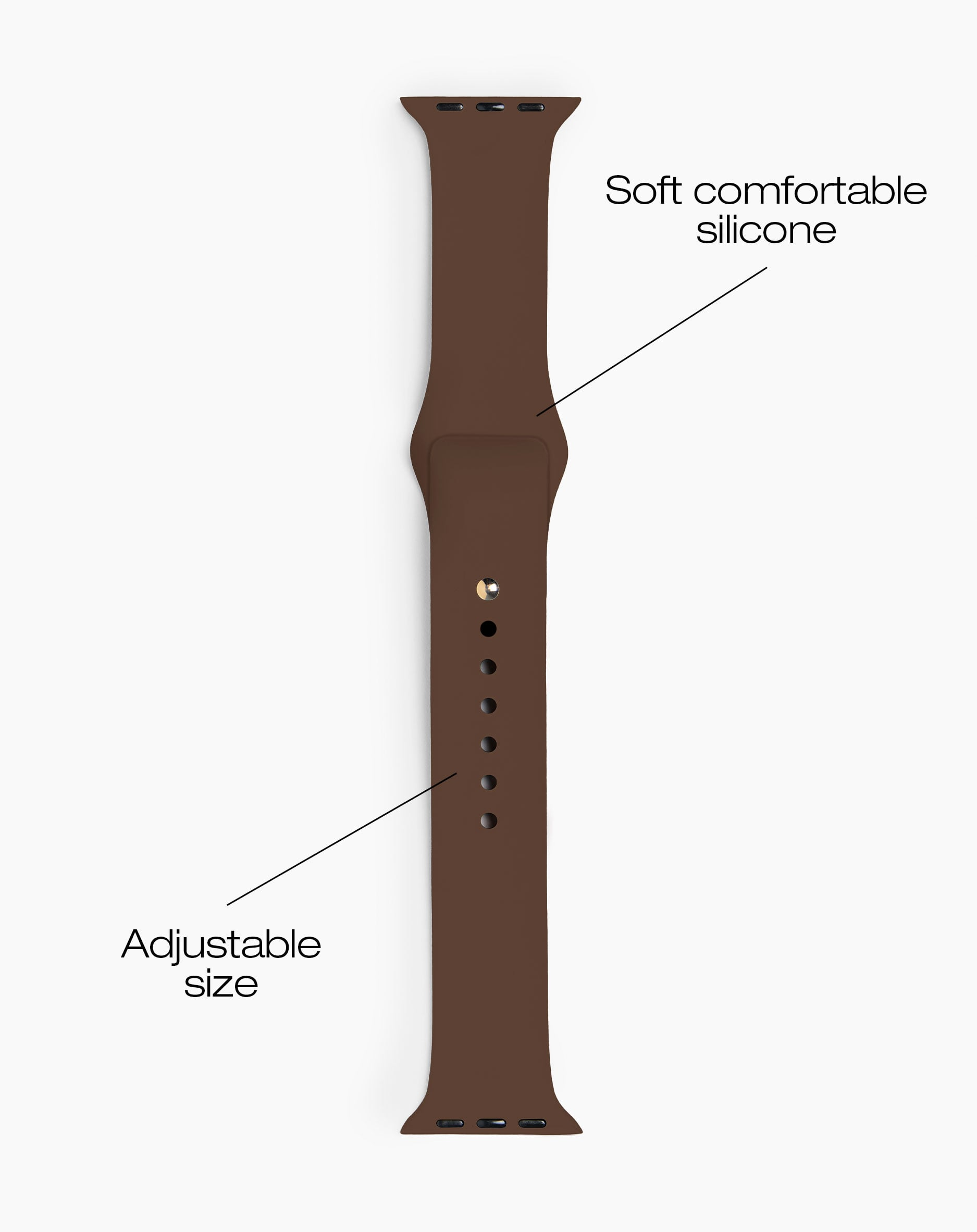 Braunes, verstellbares Silikonarmband für eine Uhr.