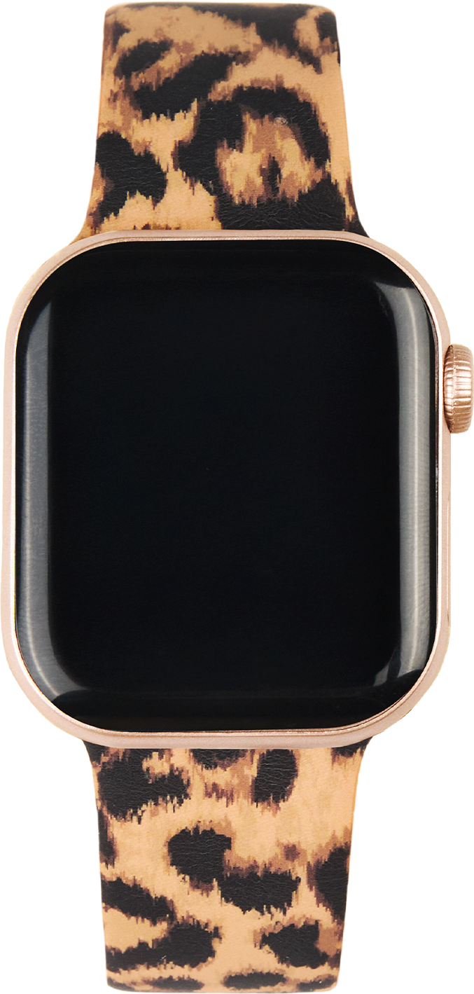 Eine Smartwatch mit einem Leopardenmuster-Armband und einem schwarzen Bildschirm.