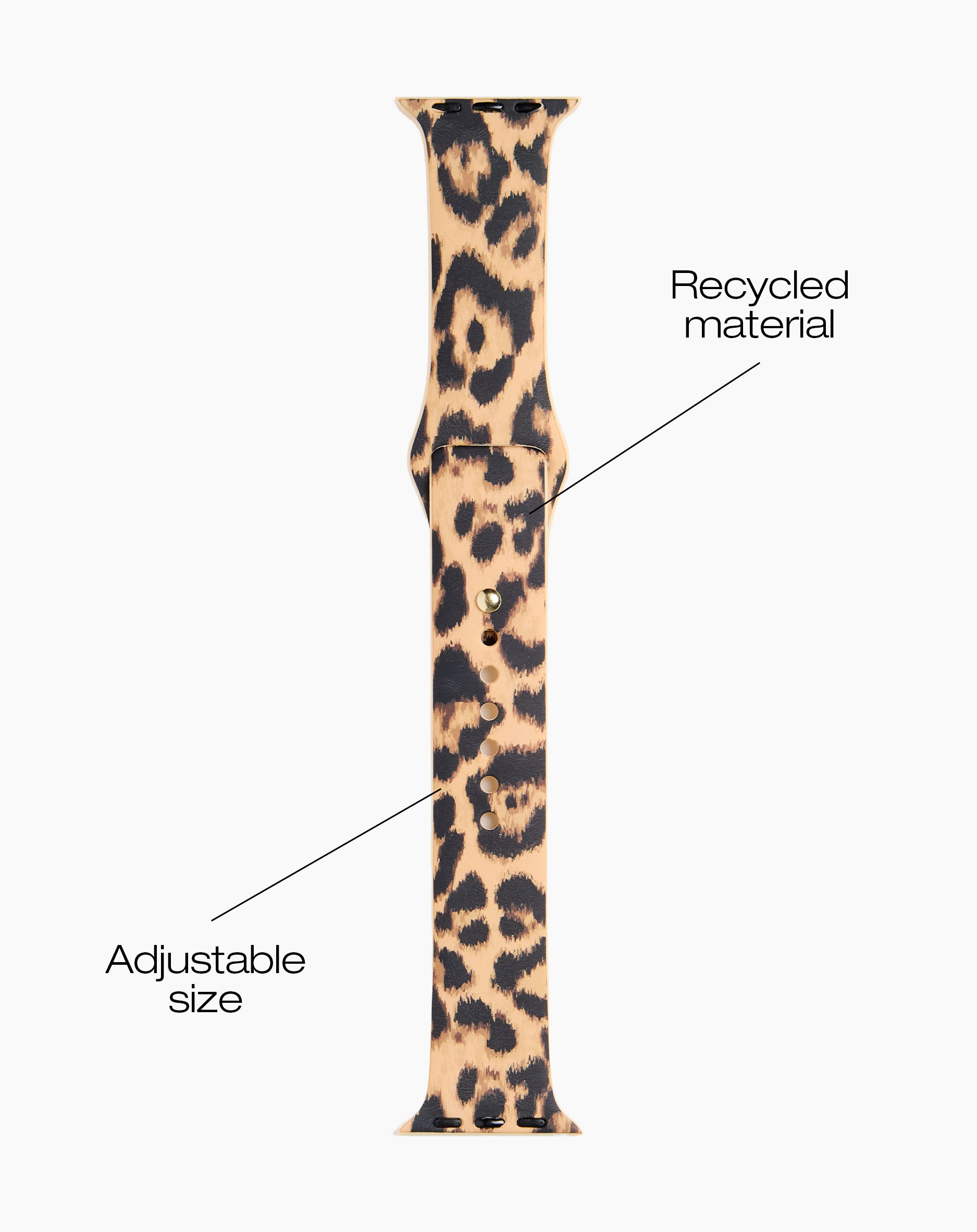 Ein Leopardendruck-Uhrenarmband aus recyceltem Material mit verstellbarer Größe.