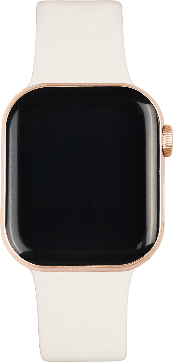 Eine goldene Smartwatch mit einem schwarzen Bildschirm und einem weißen Armband.