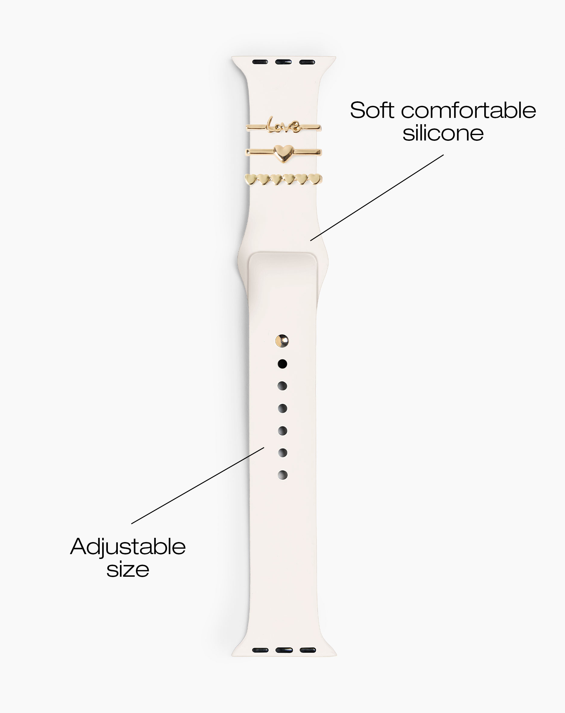 Helles Smartwatch-Armband aus Silikon mit goldenen Verzierungen: 'love', Herz und kleine Herzen.