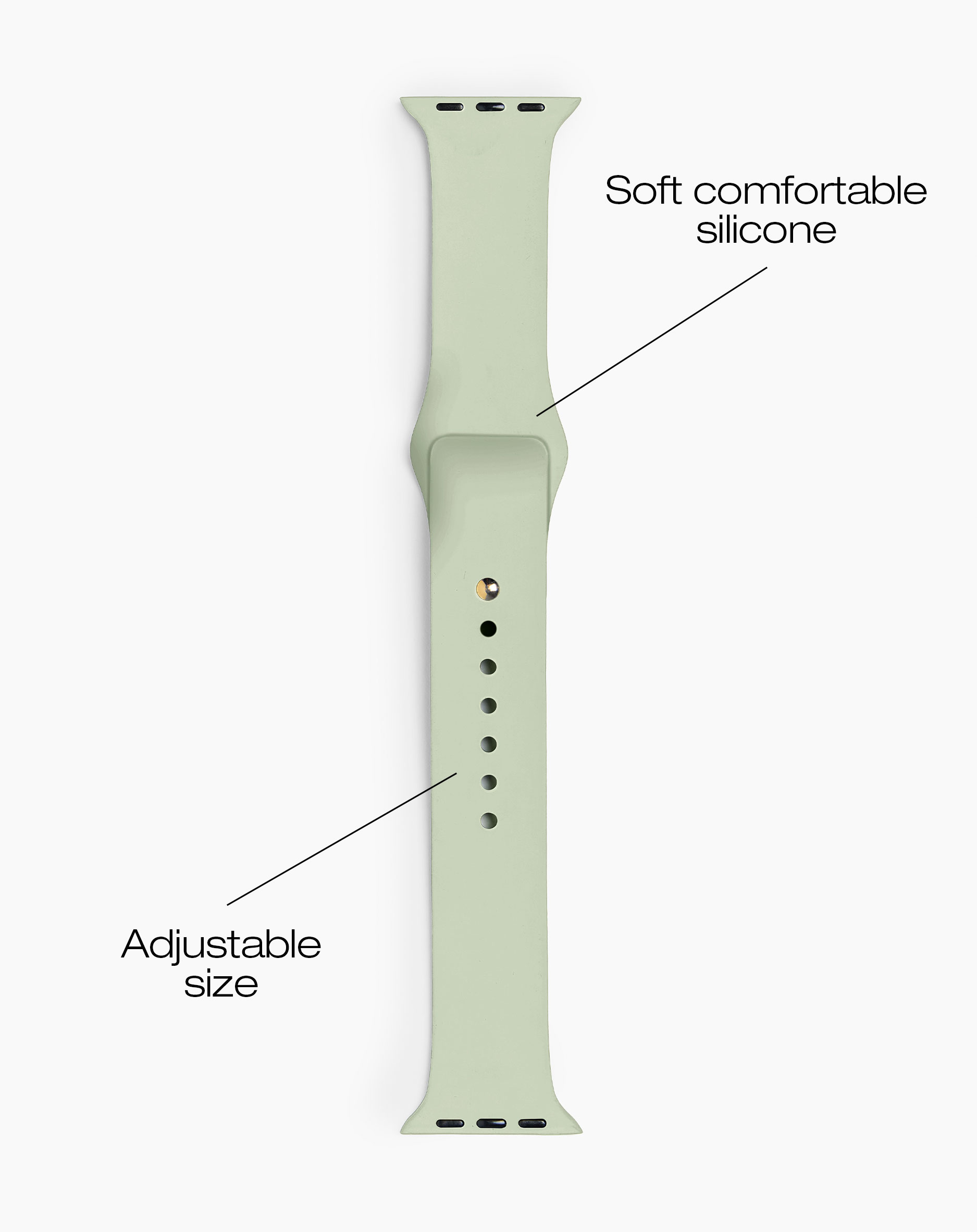 Ein hellgrünes, verstellbares Silikonarmband für eine Smartwatch.