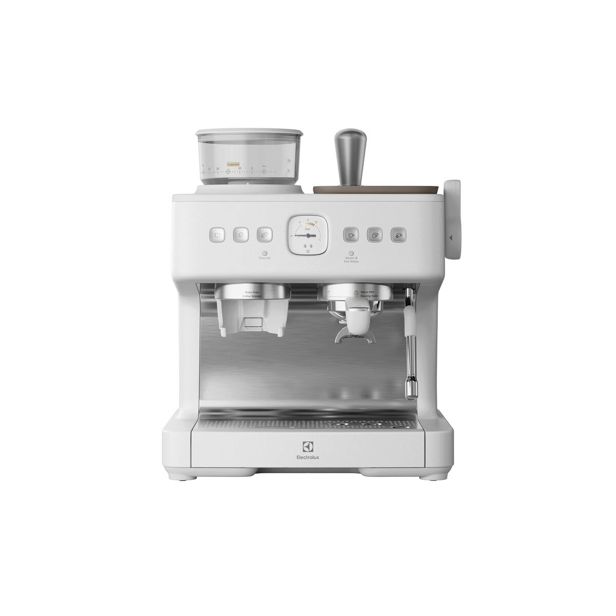 Entegre öğütücülü ve portafiltreli beyaz espresso makinesi.