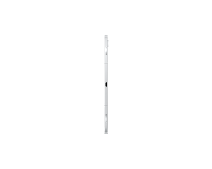 Ein silbernes Tablet im Hochformat mit schwarzen Rändern und Ladeanschluss.
