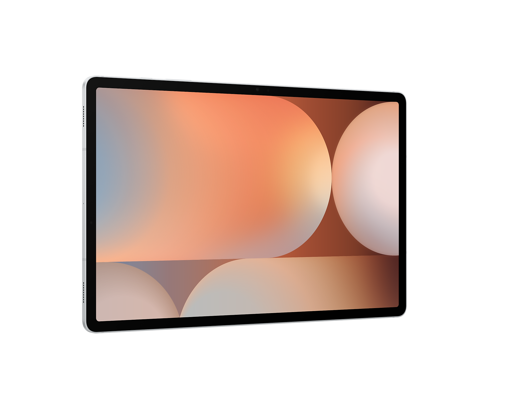 Ein silbernes Tablet mit einem abstrakten Hintergrund in Orange- und Blautönen.