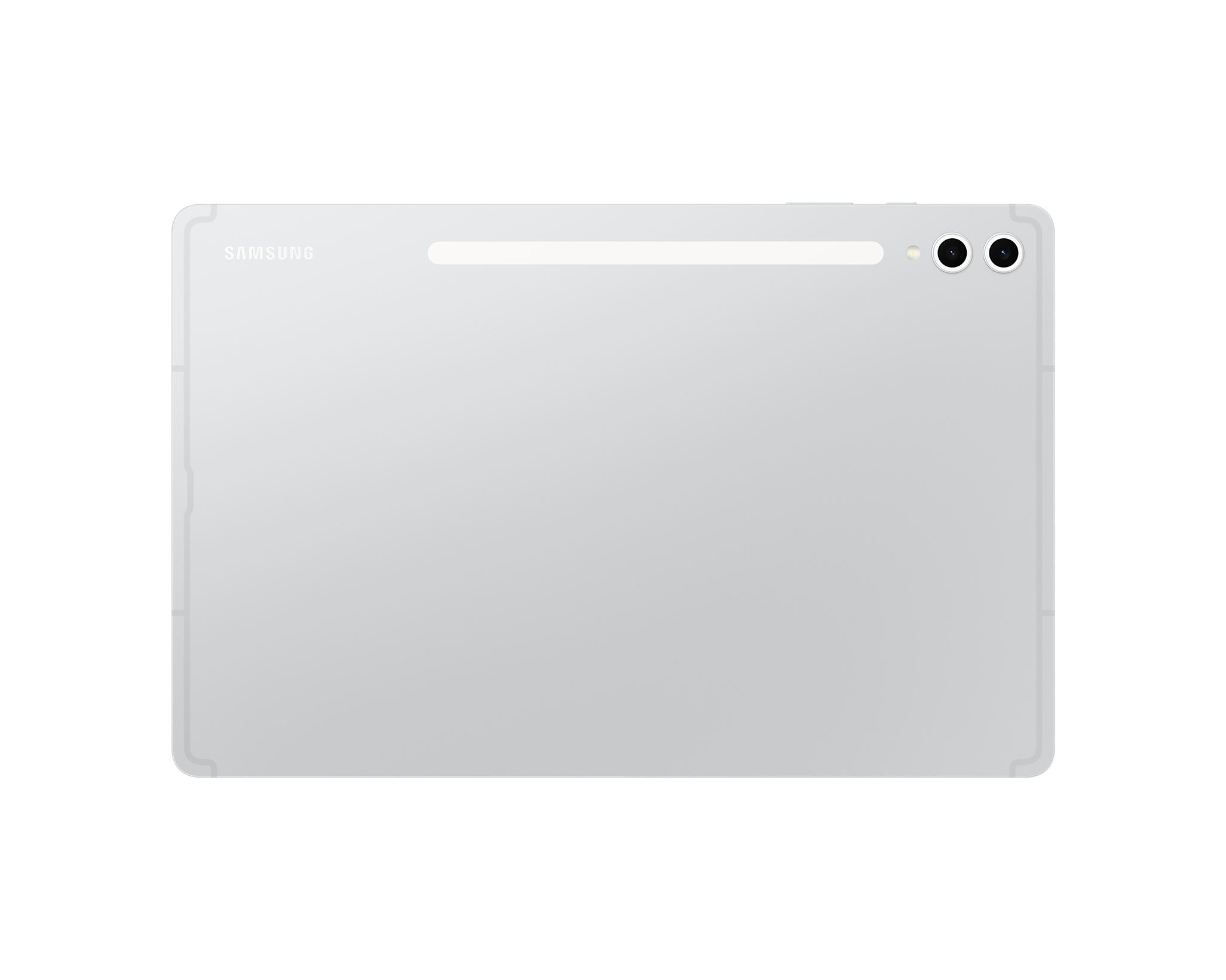 Silbernes Samsung Tablet mit zwei Kameras und Blitz auf schwarzem Hintergrund.