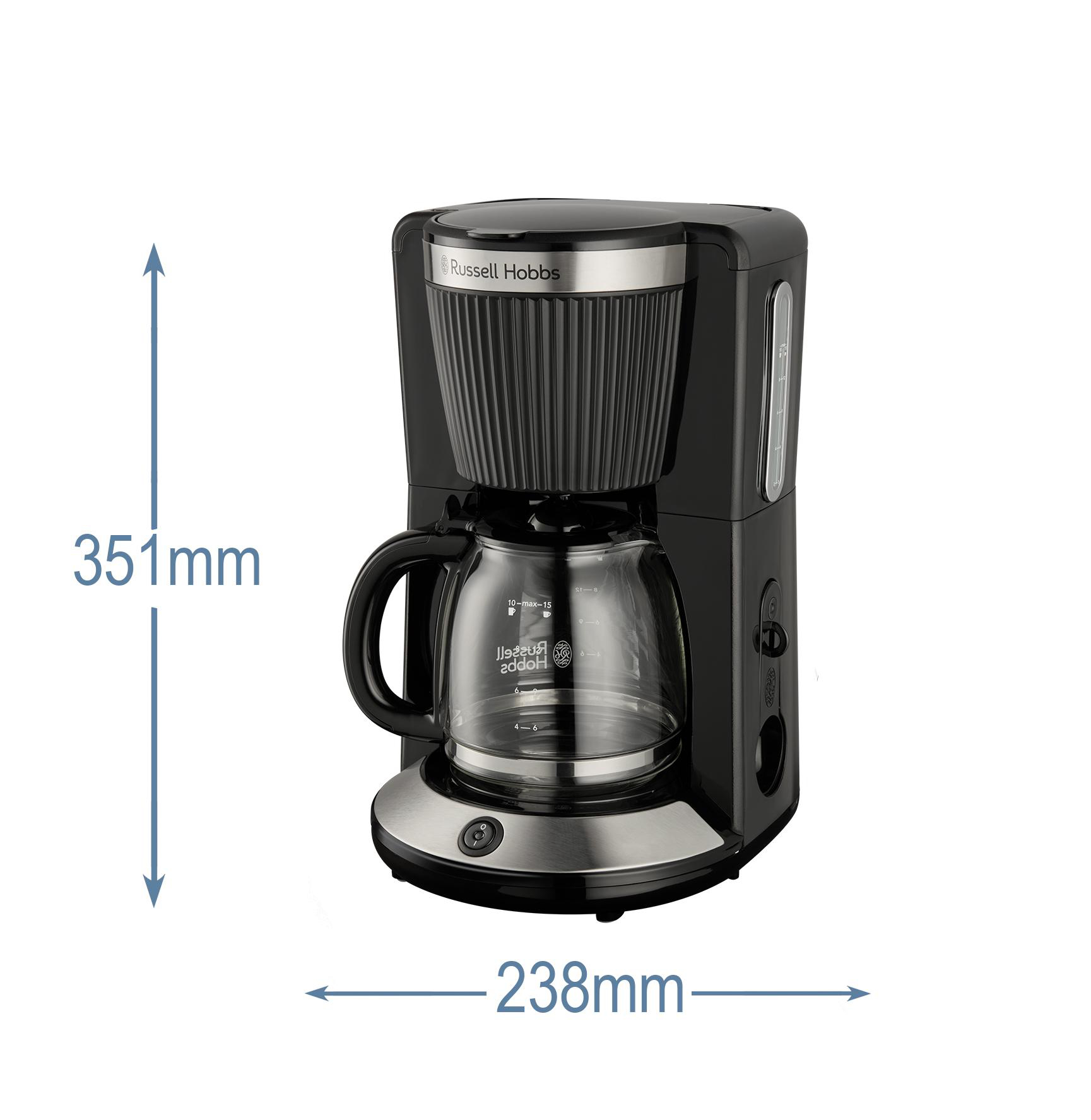 Schwarze Russell Hobbs Kaffeemaschine mit Glaskanne und silbernem Sockel.