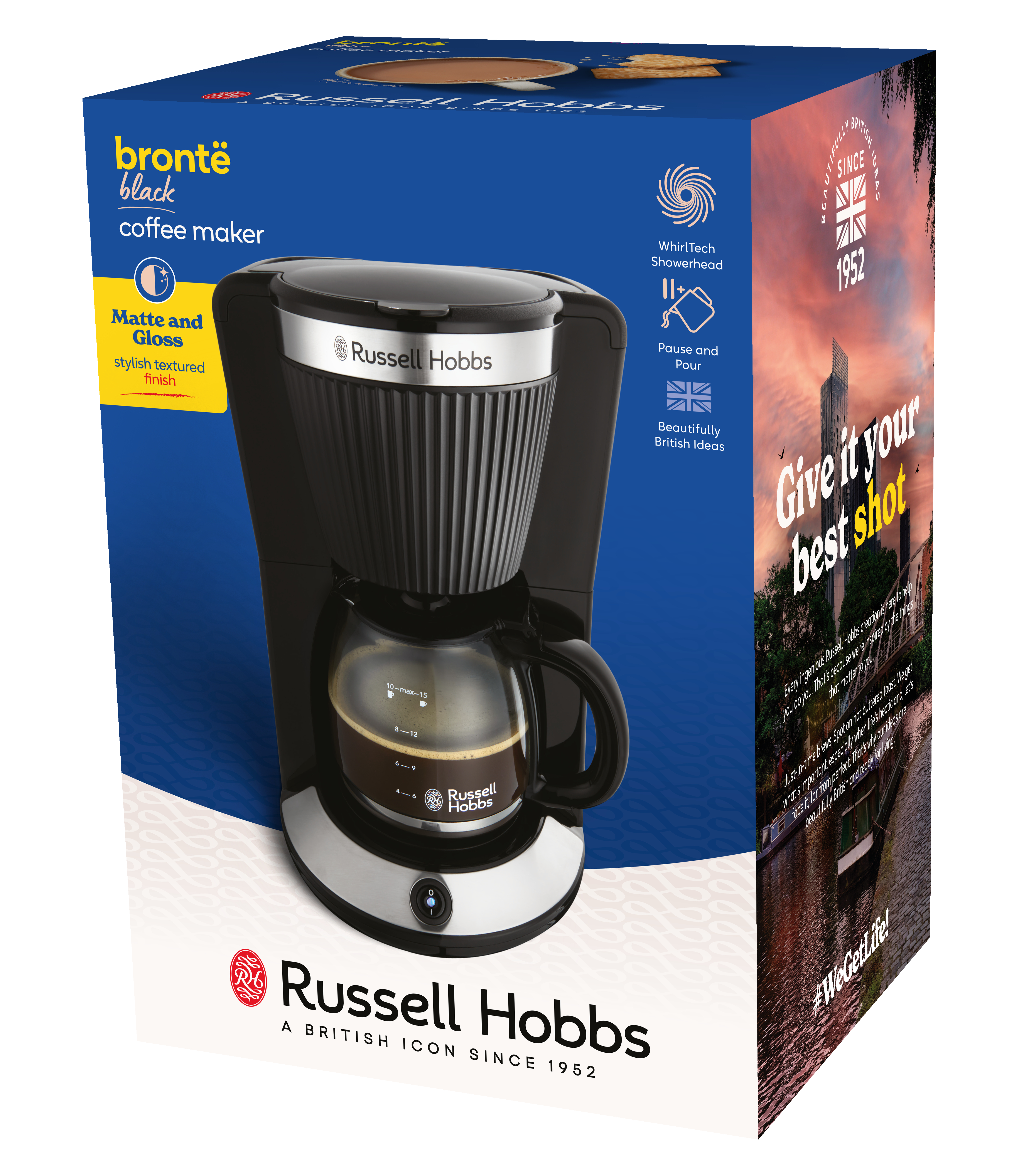 Schwarzer Russell Hobbs Kaffeeautomat mit Glaskanne und Kaffeefüllung.