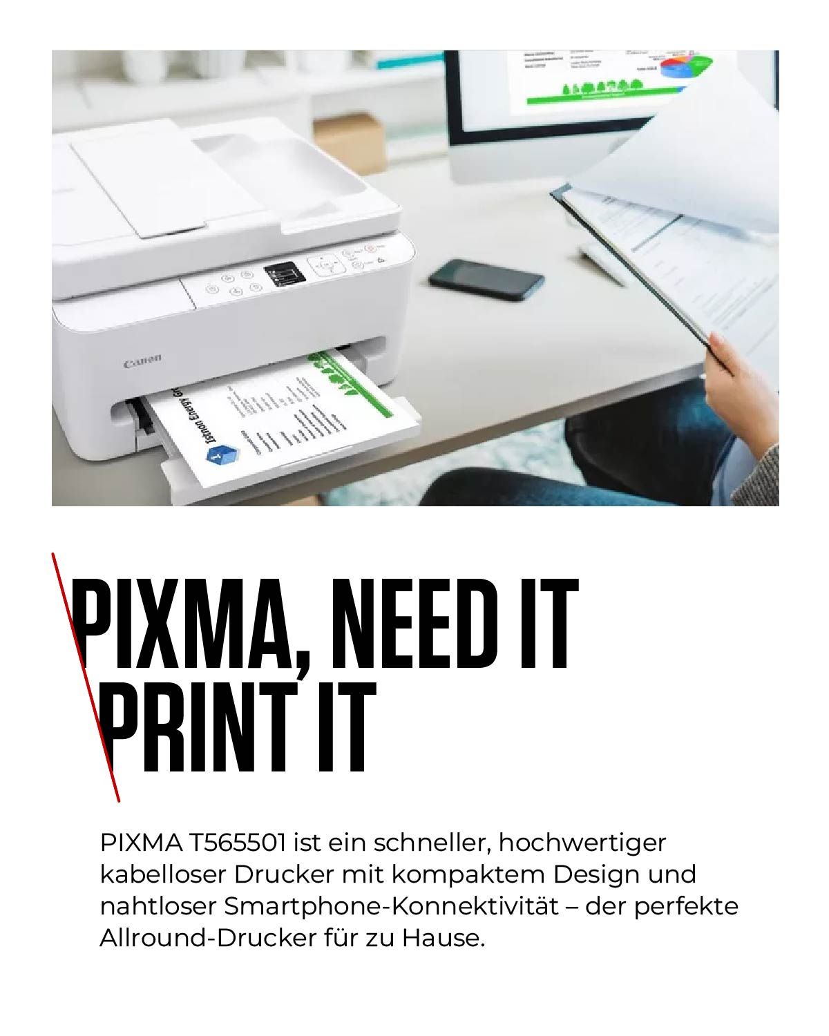 Ein weißer Canon Drucker druckt ein Dokument. Ein Schreibtisch mit Computer und Handy.