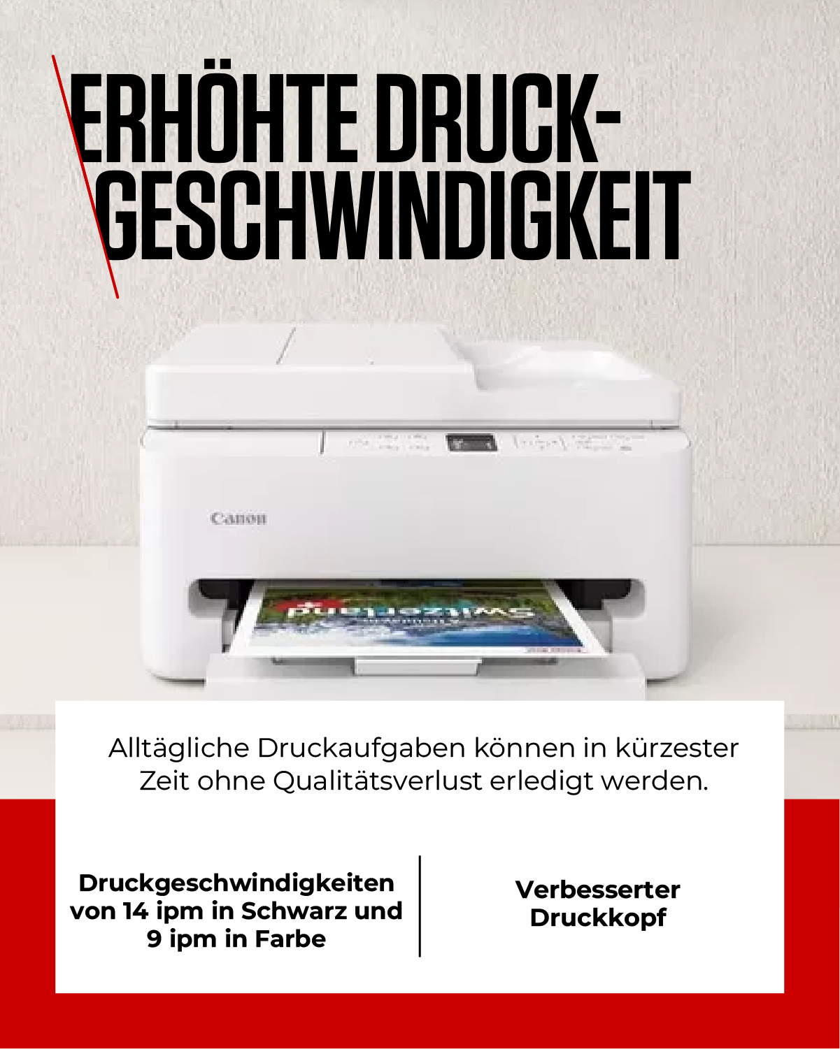Ein weißer Canon Drucker druckt ein Bild mit Bergen und einem See.