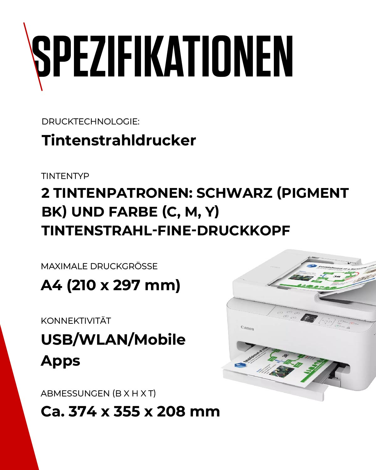 Spezifikationen für einen weißen Canon Tintenstrahldrucker.