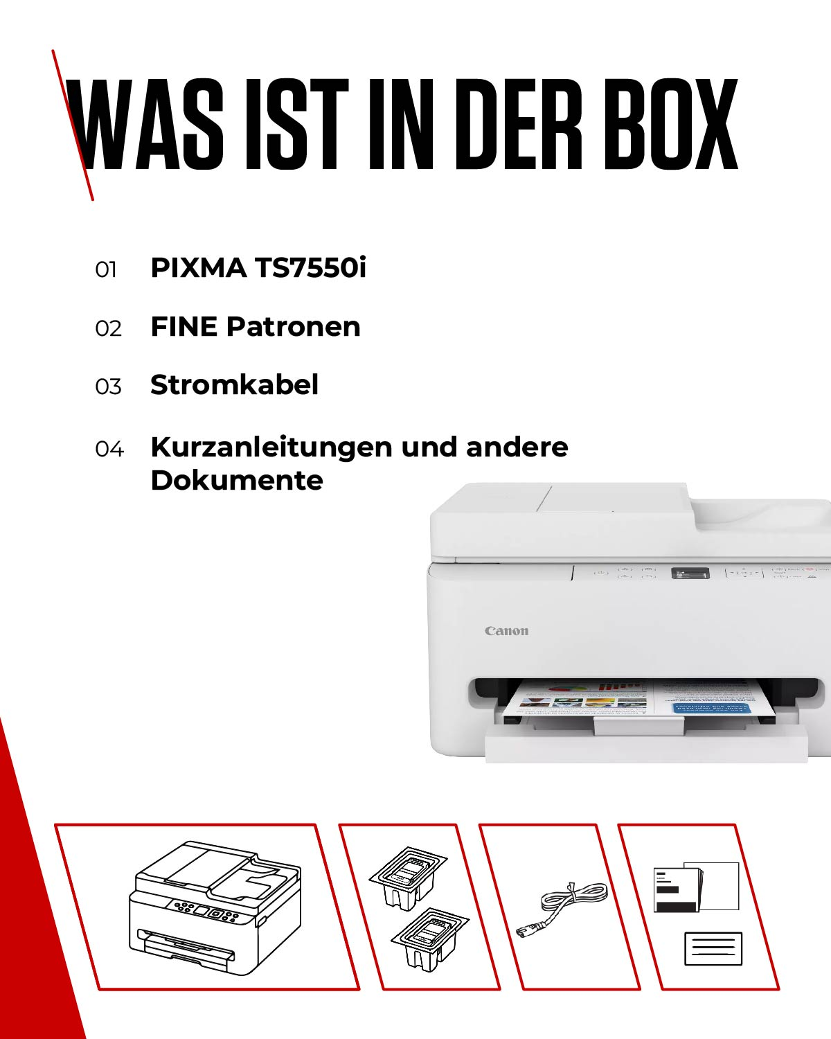 Inhalt der Box: Drucker, Patronen, Kabel und Dokumente.