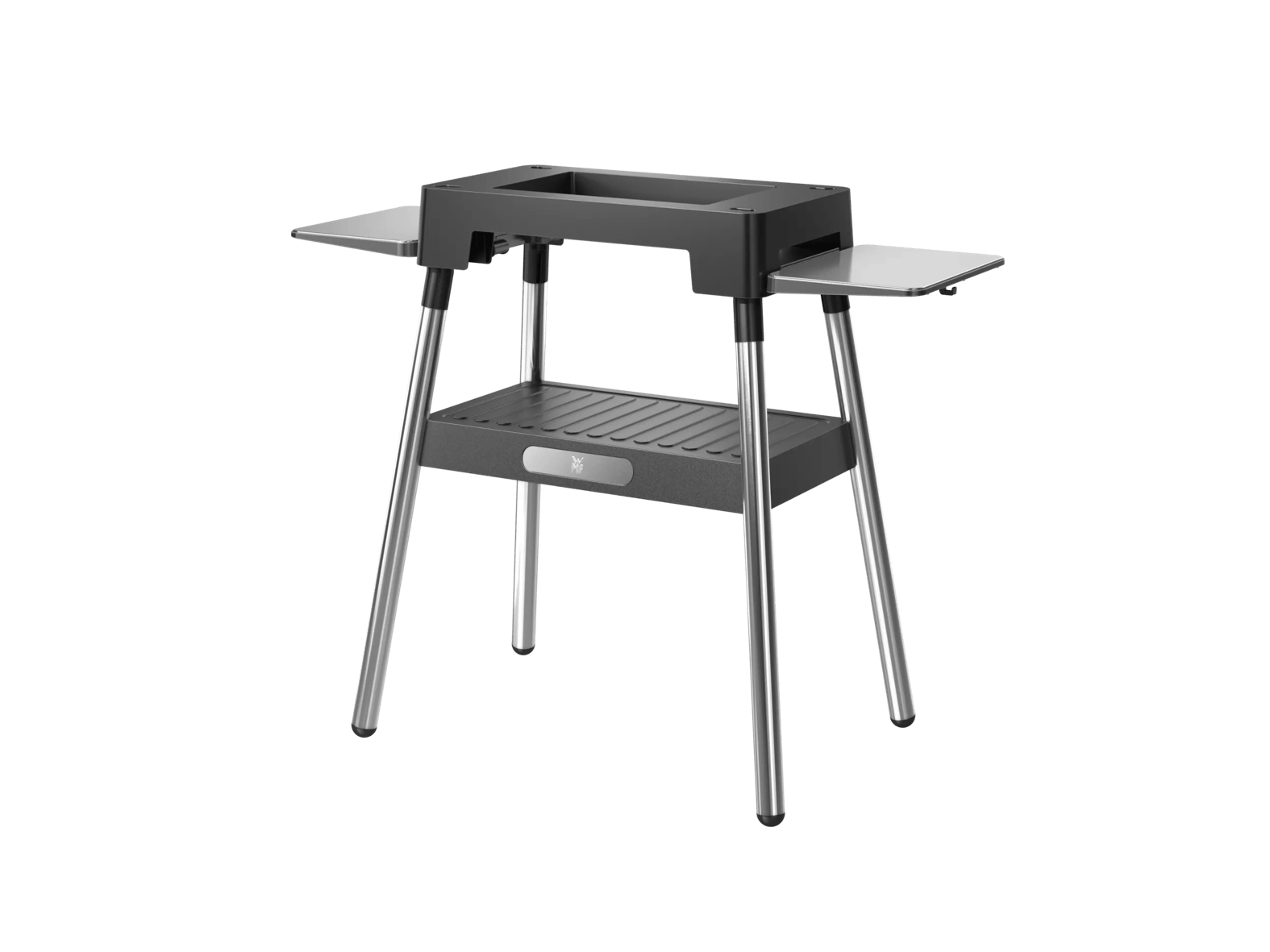 Ein moderner Grillständer aus schwarzem Kunststoff und Metallbeinen mit Ablageflächen.