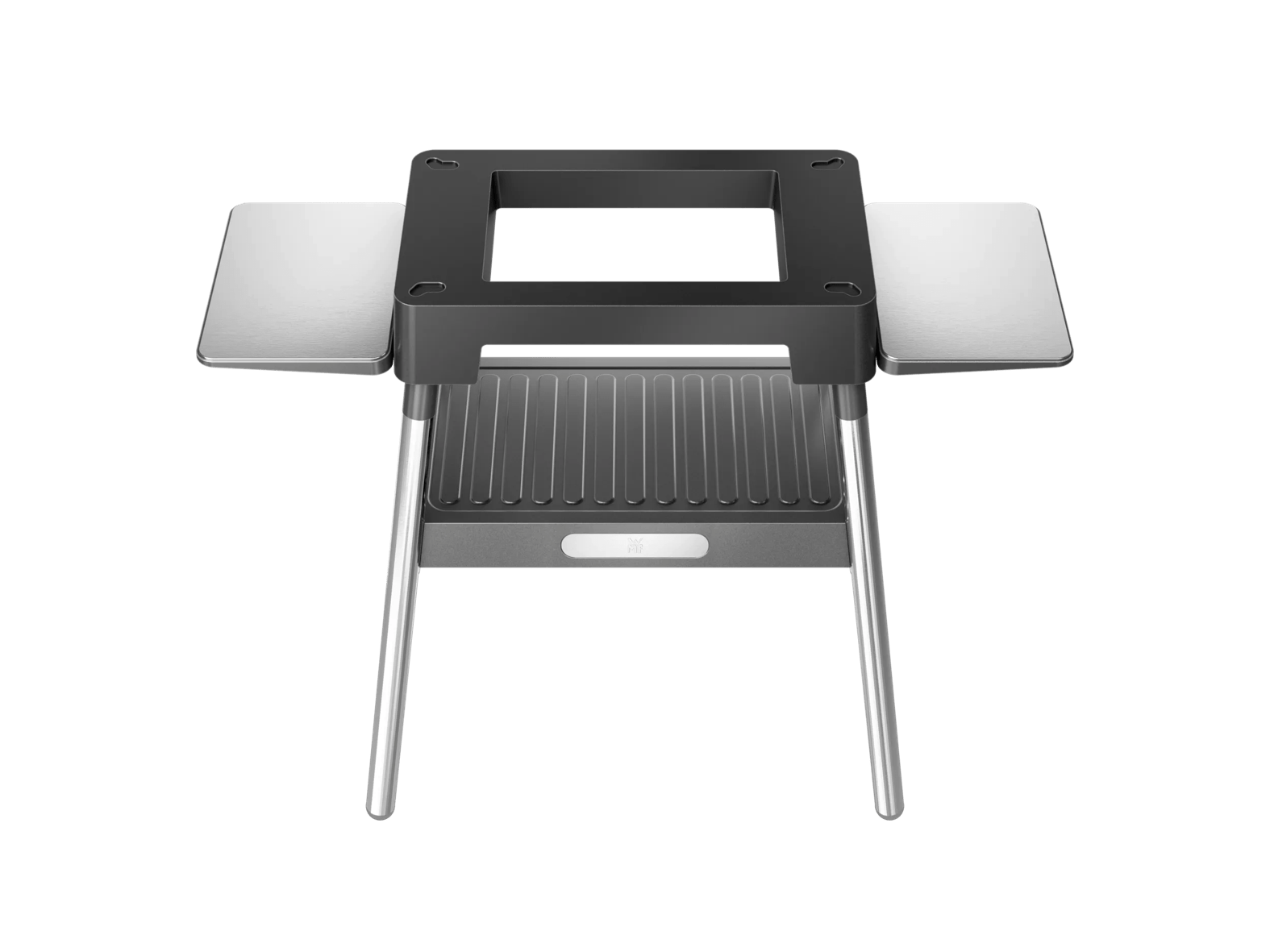 Ein moderner Grill mit silbernen Ablagen und schwarzen Elementen.