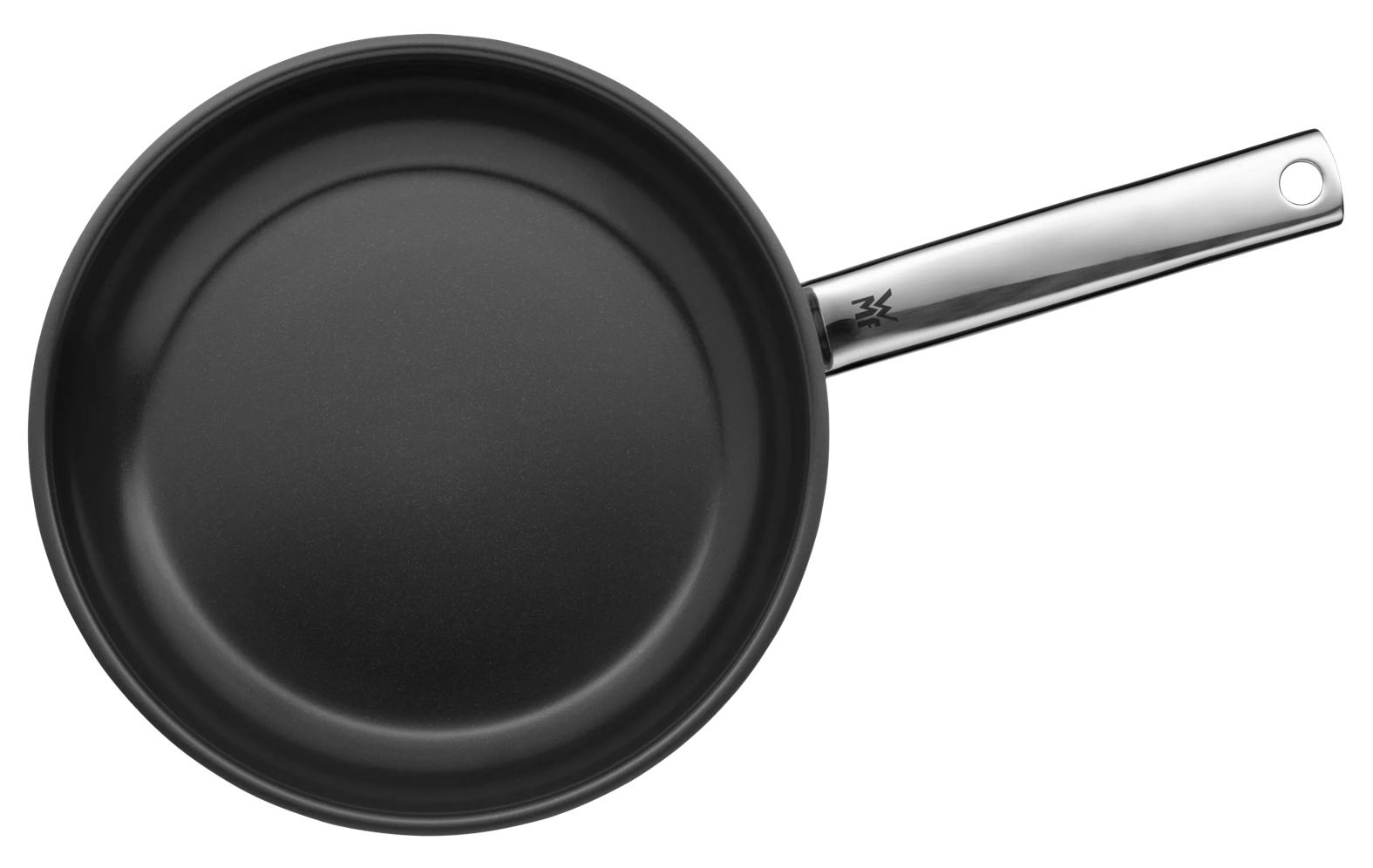 Eine schwarze Bratpfanne mit einem glänzenden Metallgriff mit Logo.