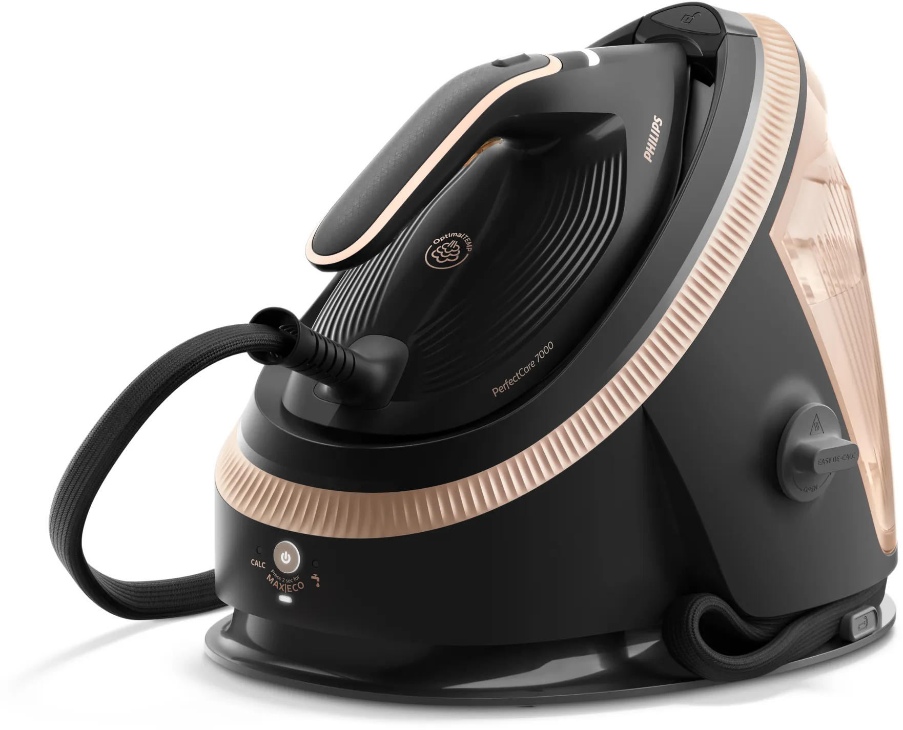 Ferro generatore di vapore Philips nero con accenti oro rosa e serbatoio acqua trasparente.