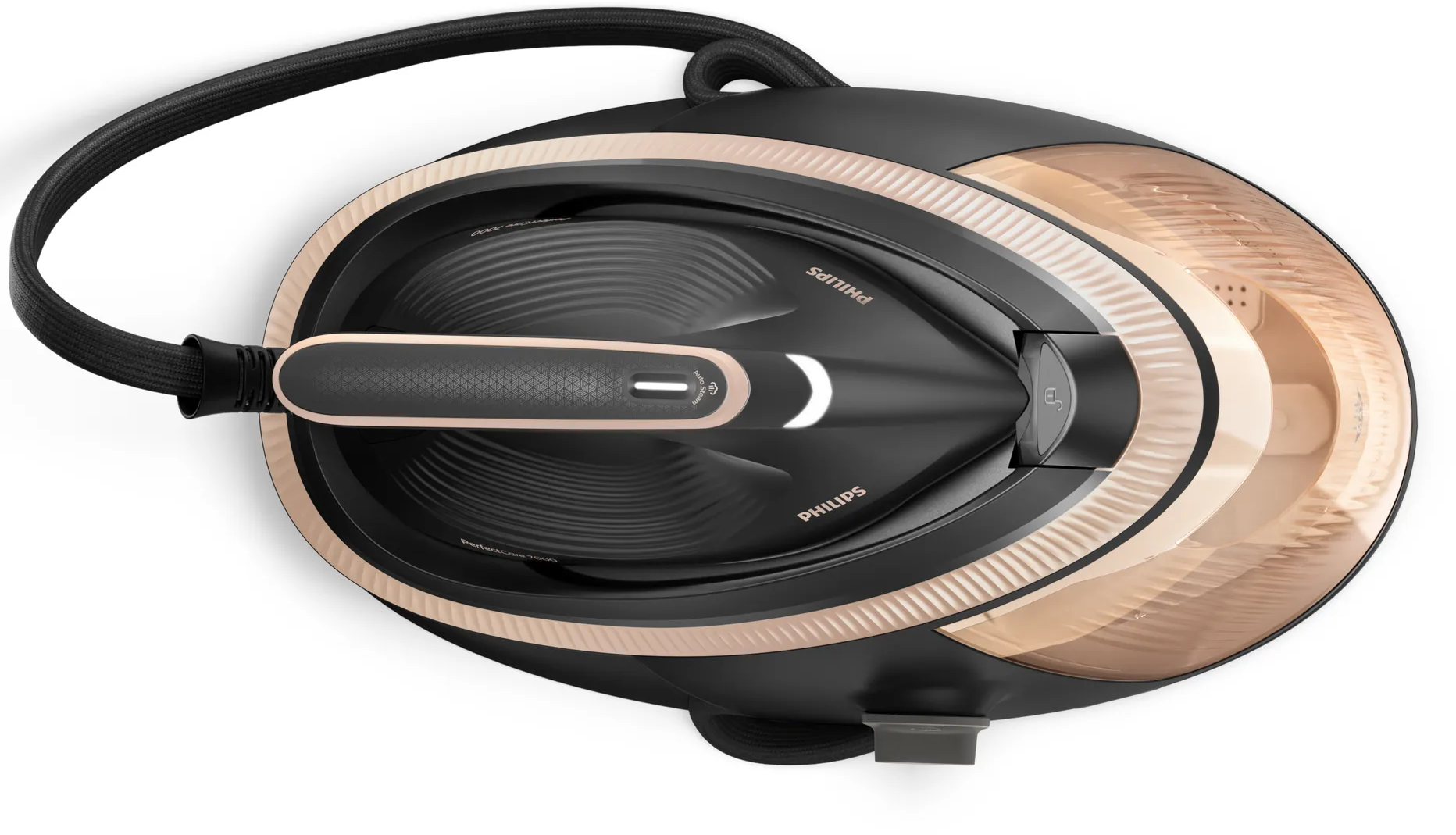 Ferro da stiro a vapore Philips nero con accenti oro rosa e serbatoio dell'acqua trasparente.