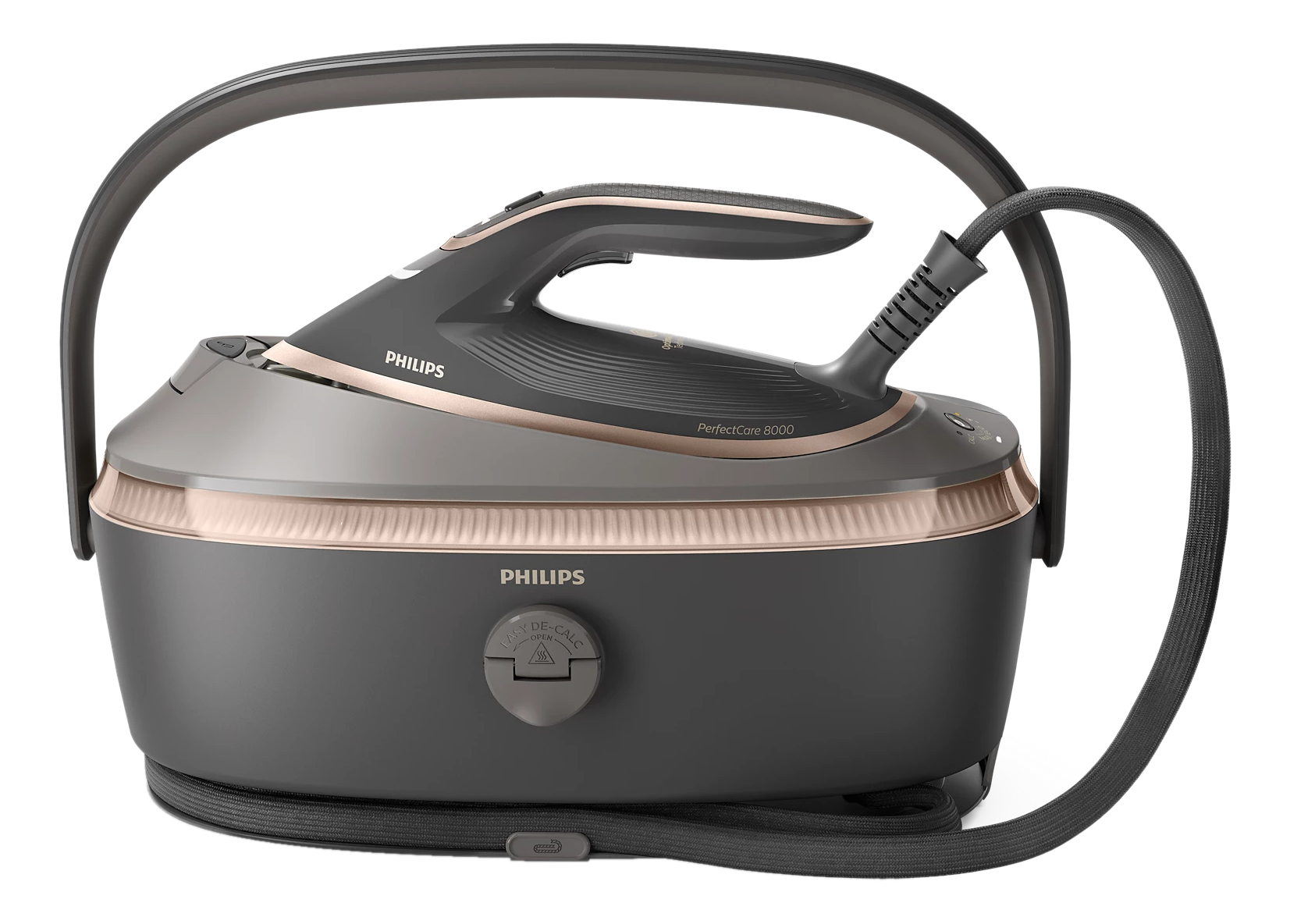 Eine graue Philips PerfectCare 8000 Dampfbügelstation mit Kupferakzenten und einem Schlauch.