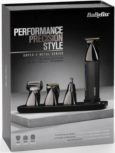 BaByliss Trimmer-Set mit Aufsätzen auf schwarzer Basis, verpackt in schwarzer Box.
