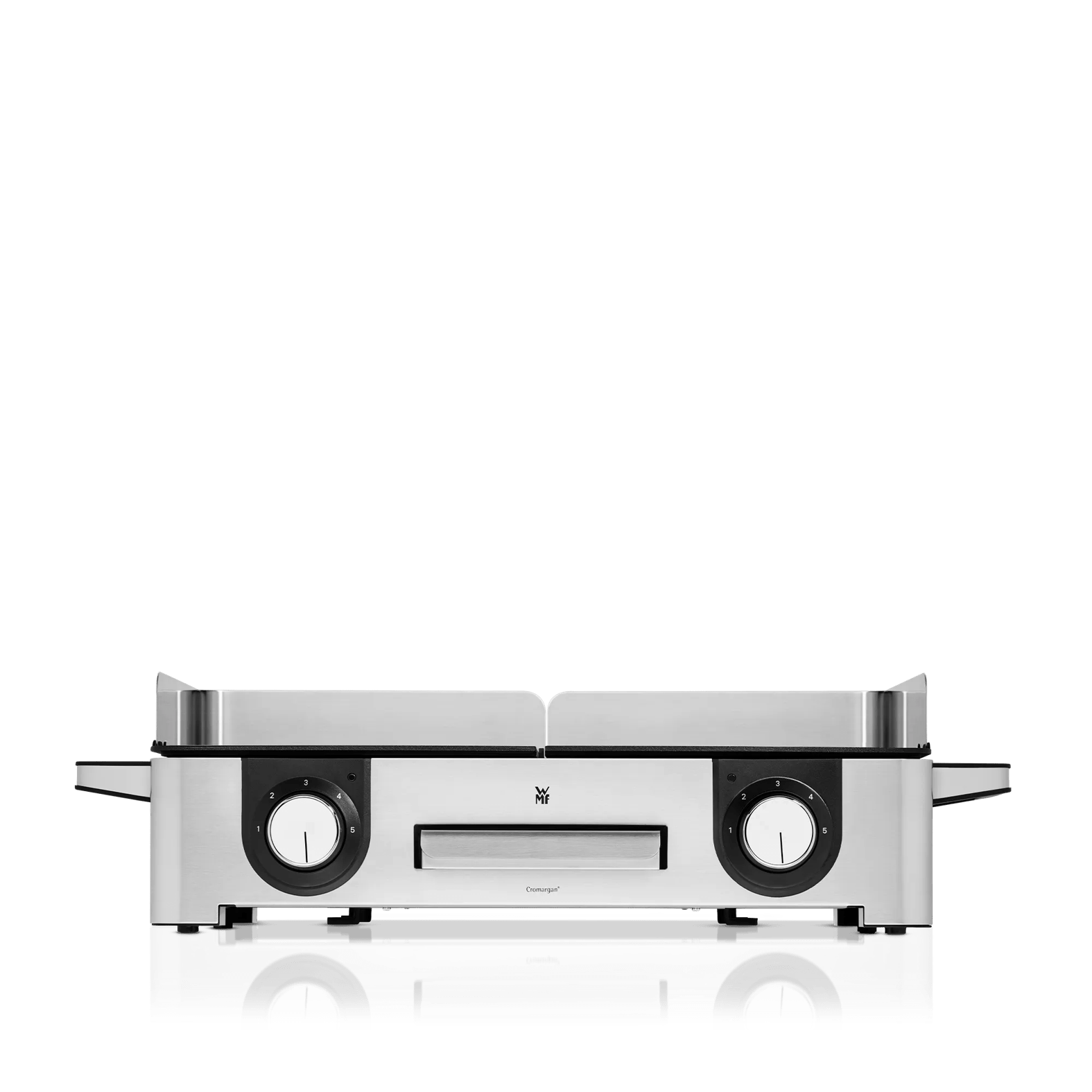 Eine silberne Kontaktgrill mit zwei Kochflächen und schwarzen Drehreglern.