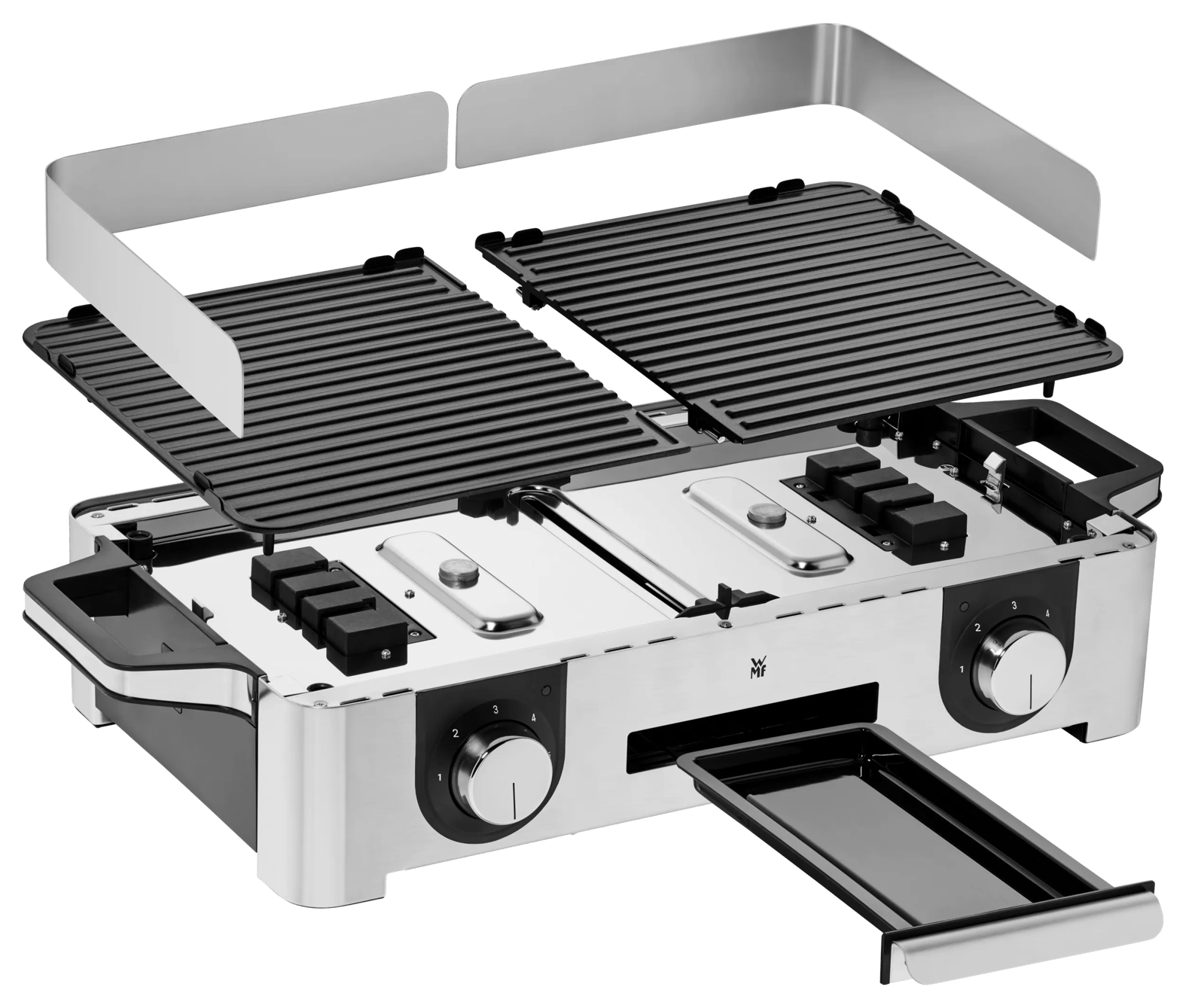 Ein silberner Kontaktgrill mit zwei Grillplatten, Reglern und einer herausziehbaren Schublade.