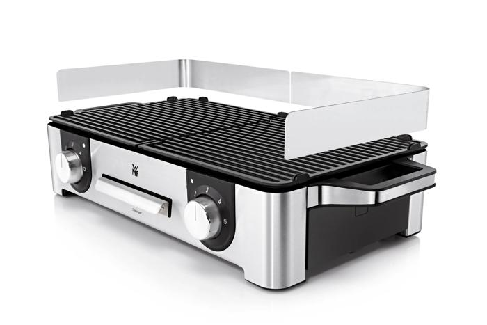 Elektrischer Kontaktgrill mit Edelstahlgehäuse, schwarz und silber.
