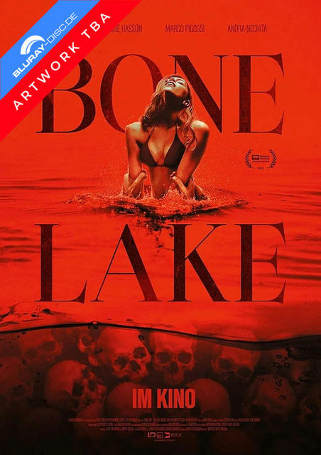 Eine Frau im Bikini im Wasser, Totenschädel unter der Oberfläche. Filmplakat.
