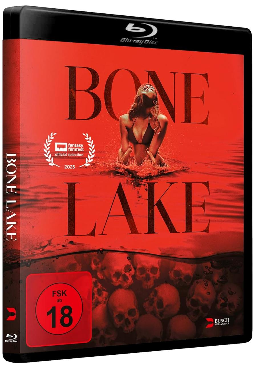 Blu-ray Cover: Frau in Bikini im Wasser, "BONE LAKE" Titel, Totenköpfe.