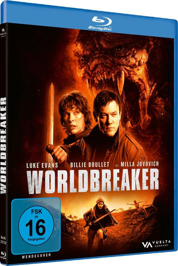 Filmcover: Zwei Menschen und ein Monster, im Vordergrund eine Frau mit Schwert.