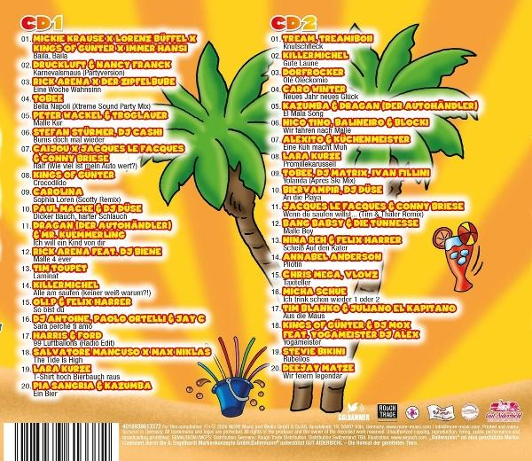 Rückseite eines Albums mit Songlisten für CD1 und CD2, Palmen und einem Cocktailglas.